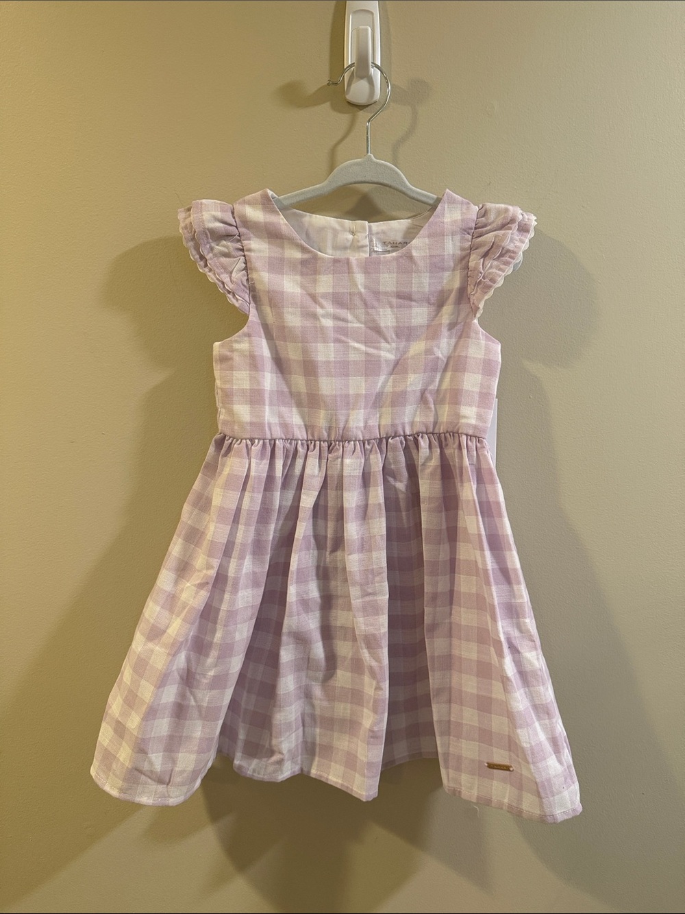 Tahari Lilac and White Gingham Ruffle Sleeve Dress